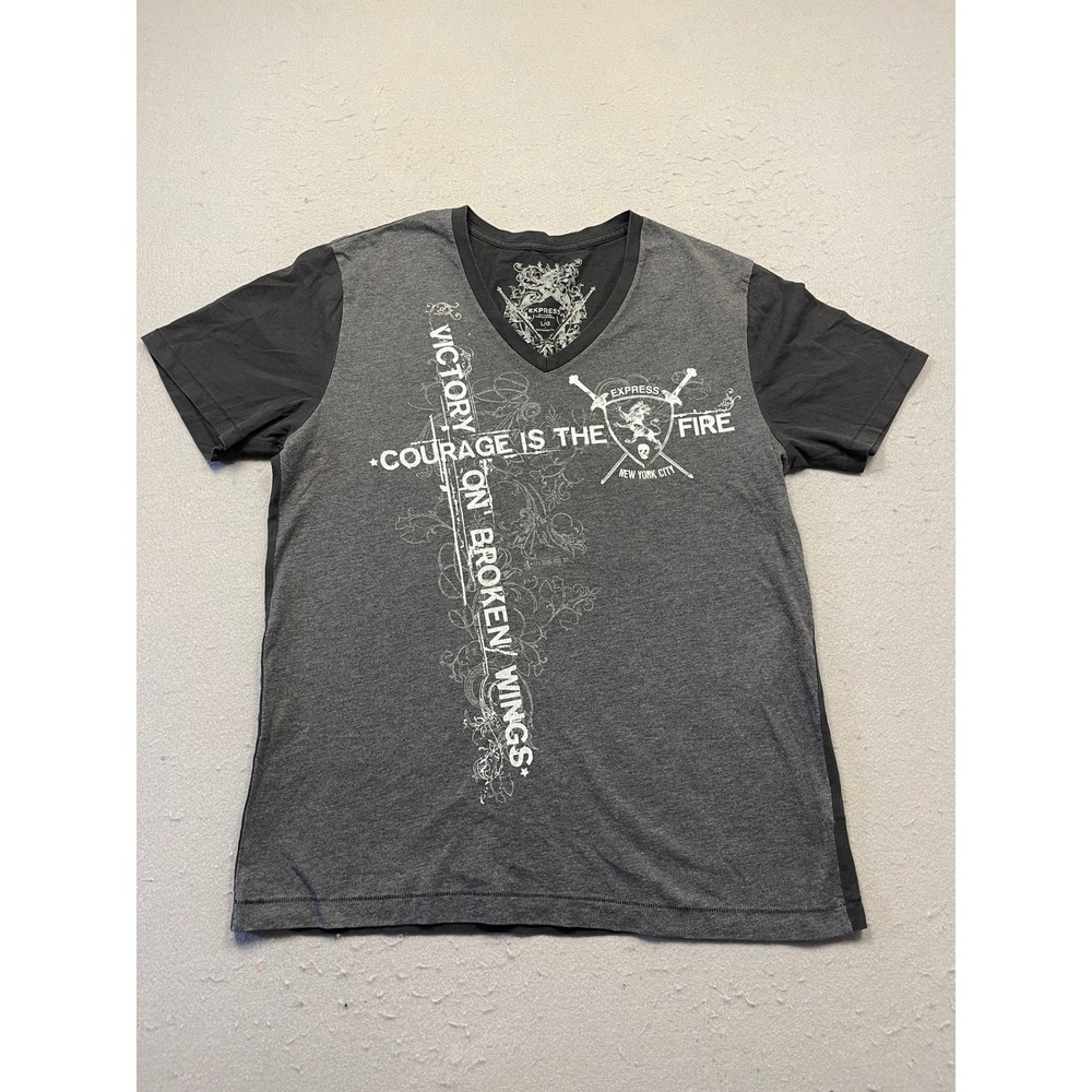 Express V-Neck Graphic Tee Cotton Blend Gray Black Large Mens